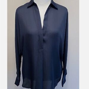 Vince navy shirred back yoke silk blouse.